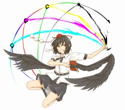 Rule 34 | 1girl, black hair, black wings, book, feathered wings, female focus, hat, holding, kawashina (momen silicon), mouth hold, open book, pencil, pointy ears, red eyes, shameimaru aya, short hair, skirt, solo, tokin hat, touhou, wings