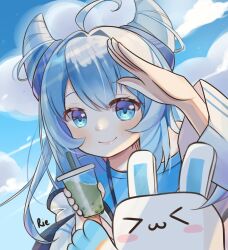 Rule 34 | &gt; &lt;, 1girl, ahoge, arm up, blue eyes, blue hair, blue shirt, blue sky, blush, blush stickers, bubble tea, closed eyes, closed mouth, cloud, cloudy sky, commentary, cup, day, disposable cup, drinking straw, english commentary, hair between eyes, hair horns, hair intakes, hand up, highres, holding, holding cup, jacket, long hair, long sleeves, looking at viewer, mihoyo, miyouji, outdoors, rierca (chaunhatvy3), shirt, sky, smile, solo, upper body, white jacket