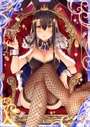 Rule 34 | animal ears, black hair, cape, crossover, crown, cuffs, cup, drinking glass, fishnets, handcuffs, looking at viewer, official art, rabbit ears, shinkai no valkyrie, solo, solo focus, wine glass, yellow eyes