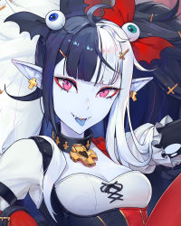 Rule 34 | :p, big hair, black hair, blue tongue, blunt bangs, bow, breasts, cleavage, colored skin, colored tongue, cross, cross earrings, cross hair ornament, draculita, earrings, eyeball hair ornament, fangs, grey skin, hair bow, hair ornament, highres, indie virtual youtuber, jewelry, long hair, looking at viewer, multicolored hair, piercing, pink eyes, pointy ears, puffy short sleeves, puffy sleeves, ringed eyes, short sleeves, small breasts, smile, solo, tongue, tongue out, tongue piercing, twintails, two-tone hair, unsomnus, upper body, virtual youtuber, white hair