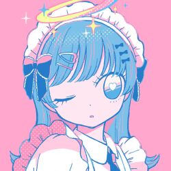 Rule 34 | 1girl, absurdres, apron, blue eyes, blue hair, bow, collared shirt, frills, hair bow, hair ornament, hairclip, halo, happy (happi illust), highres, looking at viewer, maid, maid headdress, necktie, one eye closed, open mouth, original, pastel colors, pink background, portrait, shirt, simple background, solo, sparkle