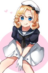 Rule 34 | 1girl, black neckwear, blonde hair, blue eyes, blue sailor collar, dress, feet out of frame, gloves, hat, highres, janus (kancolle), kantai collection, katsuobushi (eba games), looking at viewer, parted bangs, sailor collar, sailor dress, sailor hat, short hair, short sleeves, sitting, solo, tongue, tongue out, white background, white dress, white gloves, white hat