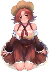 Rule 34 | 1girl, :o, blush, bn yz1107, breasts, brown hair, cleavage, detached sleeves, eyelashes, flipped hair, frilled skirt, frills, from above, full body, hair ornament, hat, head tilt, highres, image sample, kimi ga shine, looking at viewer, open mouth, orange eyes, parted bangs, red ribbon, red skirt, ribbon, short hair, simple background, sitting, skirt, solo focus, tsurugi mai, twitter sample, wariza