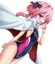 Rule 34 | 1boy, absurdres, arm behind back, arm up, astolfo (fate), bow, braid, bulge, cape, character name, commentary request, competition swimsuit, covered navel, fang, fate/apocrypha, fate/grand order, fate (series), from side, hair bow, hair intakes, hand on own cheek, hand on own face, highres, long hair, male focus, one-piece swimsuit, one eye closed, open mouth, pink eyes, pink hair, ponytail, ribbon, sekai saisoku no panda, simple background, single braid, smile, solo, swimsuit, thighs, trap, v, white background, white cape