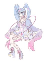 Rule 34 | 1girl, alternate costume, arms at sides, belt buckle, blue eyes, blue hair, blue theme, breasts, buckle, cable, choker, closed mouth, crescent, crescent hair ornament, crescent pin, cross-laced footwear, crossed legs, digital stars miku, digital stars miku (2021), expressionless, fishnet socks, fishnets, food-themed hair ornament, footwear ribbon, frilled skirt, frills, full body, garter straps, gradient hair, hair between eyes, hair ornament, hairclip, hatsune miku, headphones, high-waist skirt, iridescent, jacket, long hair, looking at viewer, moon, multicolored clothes, multicolored hair, multicolored skirt, no nose, no pupils, pale color, pale skin, pastel colors, pin, pink choker, pink hair, pink ribbon, pink theme, purple footwear, ribbon, shoes, sideways glance, simple background, single sock, single thighhigh, skirt, small breasts, sneakers, socks, solo, spring onion, star (symbol), star hair ornament, star pin, suspender skirt, suspenders, thighhighs, twintails, u emper, underbust, unworn jacket, very long hair, vocaloid, white background, white socks, yume kawaii, zettai ryouiki