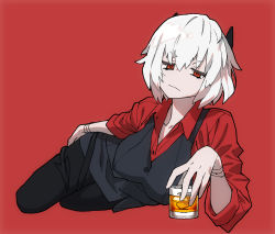 Rule 34 | 1girl, alcohol, annoyed, black horns, black pantyhose, black tail, demon girl, demon horns, demon tail, eyebrows, glass, helltaker, horns, looking at viewer, malina (helltaker), ouma bunshichirou, pantyhose, red background, red shirt, shirt, short hair, sleeves rolled up, solo, tail, tail wrap, white hair