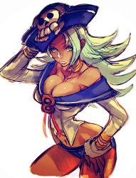 Rule 34 | 1girl, augus (guilty gear), breasts, cleavage, cropped legs, dark skin, dark-skinned female, green eyes, guilty gear, hand on own hip, hat, jewelry, lipstick, long hair, makeup, medium breasts, midriff, narrow waist, navel, neck ring, off shoulder, pirate hat, sailor collar, short shorts, shorts, solo, very dark skin, yohane shimizu