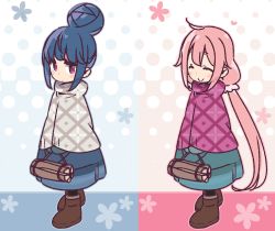 Rule 34 | 2girls, ^ ^, ahoge, ankle boots, black legwear, blue background, blue hair, blue outline, blush stickers, boots, brown footwear, closed eyes, closed mouth, dark blue hair, dot mouth, dot nose, expressionless, eyebrows, floral background, from side, full body, hair bun, hair ornament, hair scrunchie, heart, high collar, highres, holding, jaggy lines, jitome, kagamihara nadeshiko, log, long hair, looking at viewer, looking to the side, mittens, multiple girls, outline, pantyhose, patterned clothing, pink background, pink hair, pink outline, pink scrunchie, poncho, purple eyes, scrunchie, shima rin, sidelocks, single hair bun, smile, split screen, v arms, very long hair, walking, yoru nai, yurucamp