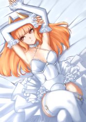 Rule 34 | 1girl, armpits, bed sheet, blonde hair, blunt bangs, blurry, blurry foreground, breasts, cleavage, closed mouth, collar, collarbone, crossed legs, detached sleeves, from above, frown, garter belt, horns, leotard, long hair, long sleeves, looking to the side, nail polish, orange nails, original, red eyes, showgirl skirt, sidelocks, small breasts, solo, straight hair, thighhighs, white collar, white leotard, white sleeves, z umeshi
