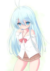 Rule 34 | 10s, 1girl, blue eyes, blue hair, blush, bow, closed mouth, denpa onna to seishun otoko, kourourin, long hair, matching hair/eyes, off shoulder, ribbon, simple background, skirt, solo, source request, touwa erio