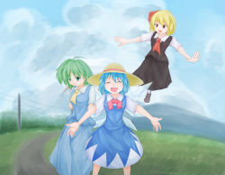 Rule 34 | 3girls, absurdres, alternate headwear, arms behind back, ascot, blonde hair, blue dress, blue hair, cirno, cloud, cloudy sky, daiyousei, day, dress, closed eyes, facing viewer, fairy wings, flying, grass, green eyes, green hair, hair ribbon, hat, highres, loafers, looking at another, looking at viewer, mountain, multiple girls, open mouth, outdoors, outstretched arms, pantyhose, red eyes, ribbon, road, rumia, shoes, short hair, short sleeves, shou (ahiru shinobu), side ponytail, skirt, skirt set, sky, smile, spread arms, standing, straw hat, touhou, utility pole, white legwear, wings