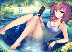 Rule 34 | 10s, 1girl, :t, anklet, bikini, blush, bottle, bracelet, breasts, bug, butterfly, chewing, cleavage, collarbone, flower, frilled bikini, frills, handheld game console, holding, hose, in water, insect, jewelry, kalian, knees together feet apart, knees up, leaf, long legs, looking at viewer, love live!, love live! school idol project, lying, medium breasts, nail polish, navel, nishikino maki, on back, outdoors, partially submerged, pink nails, plant, playstation portable, purple bikini, purple eyes, ramune, reclining, red hair, short hair, solo, swept bangs, swimsuit, toe ring, toenail polish, toenails, wading pool, water, wristband