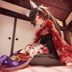 Rule 34 | 2girls, animal ear fluff, animal ears, black choker, black hair, black legwear, choker, commentary request, floral print, flower, hair between eyes, hair flower, hair ornament, hairclip, hand on another&#039;s cheek, hand on another&#039;s face, highres, hololive, horns, japanese clothes, kimono, lap pillow, long hair, long sleeves, looking at another, lying, motherly, multicolored hair, multiple girls, nakiri ayame, nakiri ayame (new year), obi, on back, one eye closed, ookami mio, ookami mio (new year), open mouth, pantyhose, red eyes, red hair, red kimono, sash, sidelocks, silver hair, sitting, skin-covered horns, smile, sue (bg-bros), swept bangs, tail, two-tone hair, virtual youtuber, wariza, white sleeves, wolf ears, wolf girl, wolf tail, yellow eyes