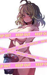 Rule 34 | 1girl, absurdres, boku no hero academia, breasts, caution tape, convenient censoring, green hair, hagakure tooru, highres, hinghoi, large breasts, messy hair, nude, standing, thighs, unusually visible