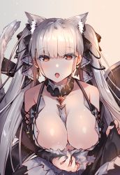 Rule 34 | 1girl, :o, animal ear fluff, animal ears, azur lane, bare shoulders, between breasts, black bow, black dress, black nails, bow, breasts, cat ears, cat girl, cat tail, cleavage, clothes lift, clothes pull, collarbone, commentary request, detached collar, dress, dress lift, dress pull, earrings, extra ears, formidable (azur lane), gradient background, grey background, hair bow, highres, jewelry, kemonomimi mode, large breasts, long hair, long sleeves, looking at viewer, maid, nail polish, open mouth, red eyes, silver hair, solo, sweat, tail, tail raised, tongue, tongue out, twintails, usagihime, very long hair