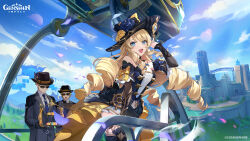 Rule 34 | 1girl, 2boys, bare shoulders, black flower, black gloves, black headwear, black rose, blonde hair, blue eyes, breasts, commentary, detached sleeves, dress, drill hair, drill sidelocks, flower, genshin impact, gloves, gold trim bow, hat, hat flower, highres, jewelry, lace-trimmed collar, lace trim, long hair, looking at viewer, medium breasts, melus (genshin impact), multiple boys, navia (genshin impact), non-web source, official art, open mouth, rose, sidelocks, silver (genshin impact), smile, strapless, strapless dress, very long hair, yellow flower