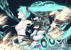 Rule 34 | 1girl, breasts, cleavage, green hair, hair ornament, hatsune miku, hatsune miku (append), long hair, mecha musume, navel, open mouth, outstretched arms, pc9527, solo, spread arms, twintails, vocaloid, vocaloid append, wind
