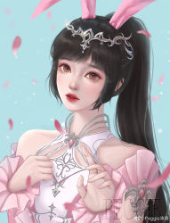 Rule 34 | absurdres, animal ears, black hair, blue background, clenched hand, douluo dalu, falling petals, hair ornament, hand on own chest, hand up, highres, open mouth, peggie pei ji, petals, ponytail, rabbit ears, solo, teeth, upper body, xiao wu (douluo dalu)