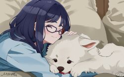 Rule 34 | 1girl, aliasing, animal, animal hug, blue hair, blue shirt, blush, closed eyes, closed mouth, colored inner hair, dated, dog, glasses, long hair, long sleeves, lying, mikanpop, multicolored hair, on stomach, original, pillow, red hair, samoyed (dog), shirt, signature, smile, upper body