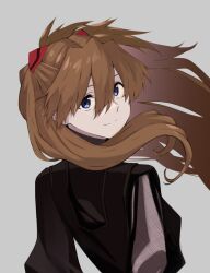 Rule 34 | 1girl, blue eyes, breasts, brown hair, floating hair, grey background, highres, long hair, looking at viewer, neon genesis evangelion, shiny skin, simple background, small breasts, smile, solo, souryuu asuka langley, standing, two side up, yagisawa teru