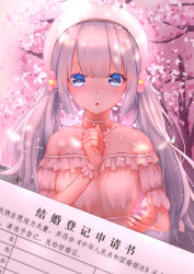 Rule 34 | 1girl, absurdres, bad id, bad pixiv id, blouse, blue eyes, blush, chinese commentary, choker, eri0ne$ (user jtp7295), flower, hair flower, hair ornament, hat, highres, indie virtual youtuber, long hair, looking at viewer, pink background, pink theme, ribbon choker, shirt, shizuku lulu, silver hair, solo, twintails, upper body, virtual youtuber, white hat