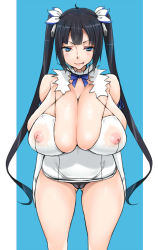 Rule 34 | 10s, 1girl, :q, alternate breast size, black hair, black panties, blue eyes, breasts, cleavage, covered erect nipples, dungeon ni deai wo motomeru no wa machigatteiru darou ka, gigantic breasts, gloves, hestia (danmachi), highres, libre, long hair, looking at viewer, naughty face, nipples, panties, rei no himo, see-through, simple background, skindentation, solo, thighs, tongue, tongue out, twintails, underwear, very long hair, white gloves