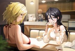 Rule 34 | 3girls, absurdres, alternate costume, arm rest, backless dress, backless outfit, black hair, bleach, bleach: sennen kessen-hen, blonde hair, blue eyes, blurry, blurry background, book, breasts, cashier, coffee, coffee cup, collared shirt, cup, disposable cup, dress, eating, elbows on table, food, hair between eyes, hanging light, highres, holding, holding food, indoors, kuchiki rukia, large breasts, light blush, lips, long bangs, long hair, looking at viewer, matsumoto rangiku, menu, mole, mole under mouth, multiple girls, off shoulder, open book, red dress, restaurant, sandwich, shirt, short hair, sideboob, sitting, sleeveless, sleeveless dress, smile, tray, wellsy, white shirt