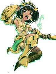 Rule 34 | 1girl, ahoge, armlet, black hair, bob cut, dark-skinned female, dark skin, dress, egyptian, facial mark, holding, holding sword, holding weapon, ishiyumi, ishtar (puzzle &amp; dragons), jewelry, open mouth, puzzle &amp; dragons, red eyes, shield, short hair, silhouette, simple background, solo, sword, weapon, white background