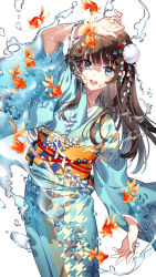 Rule 34 | 1girl, :d, animal, arm up, blue eyes, blue kimono, blush, brown hair, commentary request, cowboy shot, fish, flower, hair flower, hair ornament, highres, japanese clothes, kimono, long hair, long sleeves, looking at viewer, nardack, obi, open mouth, orange sash, original, sash, smile, solo, standing, water, white background