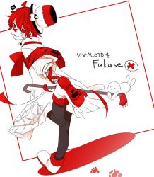Rule 34 | 1boy, asymmetrical clothes, bandaid, bandaid on face, bandaid on nose, boots, cane, character name, copyright name, fukase, gloves, hat, head flag, headset, leg up, male focus, mizuhoshi taichi, pale skin, pantyhose, paw print, point (vocaloid), red eyes, red hair, shorts, top hat, vocaloid