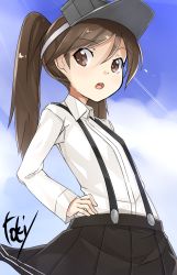 Rule 34 | 10s, 1girl, :o, artist name, brown eyes, brown hair, day, hand on own hip, highres, kantai collection, long sleeves, pleated skirt, ryuujou (kancolle), shirt, skirt, sky, solo, suspenders, toki/, twintails, visor cap