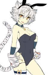 Rule 34 | 1girl, animal ears, animal hands, animal print, breasts, cat ears, cleavage, collar, covered navel, flower knight girl, gloves, hand on own hip, kida kuro mu, large breasts, looking at viewer, open mouth, paw gloves, short hair, silver hair, simple background, single thighhigh, smile, solo, tail, thighhighs, tiger print, tiger tail, white background, yellow eyes, yukinoshita (flower knight girl)