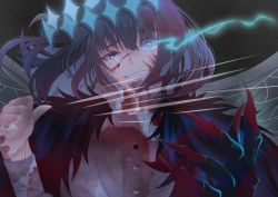 Rule 34 | 1boy, absurdres, arthropod boy, blood, blood on clothes, blood on face, blue eyes, cape, commentary request, crown, dark background, diamond hairband, fate/grand order, fate (series), fur-trimmed cape, fur trim, grey hair, highres, insect wings, long sleeves, looking at viewer, mumei (meiime ), oberon (fate), oberon (third ascension) (fate), open mouth, partial commentary, shirt, short hair, solo, spoilers, teeth, upper body, white shirt, wings