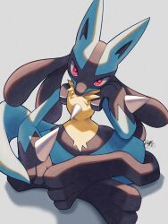 Rule 34 | 1other, commentary request, creatures (company), furry, game freak, gen 4 pokemon, hand up, head tilt, highres, kuchiba (jret2454), looking at viewer, lucario, nintendo, pink eyes, pokemon, pokemon (creature), signature, sitting, solo, spikes, yellow fur