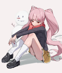 Rule 34 | 1girl, absurdres, black footwear, black jacket, blunt bangs, blush, closed mouth, commentary, facing viewer, highres, holding, holding letter, jacket, kneehighs, knees up, letter, loafers, long hair, long sleeves, looking down, love letter, lovelyme, original, panties, panty peek, pink hair, pleated skirt, red eyes, red scarf, sad, scarf, school uniform, shoes, simple background, sitting, skirt, snowman, socks, solo, twintails, underwear, very long hair, white background, white socks, yellow skirt