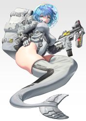 Rule 34 | 1girl, backpack, bag, blue eyes, blue hair, box, breasts, breasts apart, bubble, clothes writing, covered erect nipples, diving suit, full body, glass, gloves, gradient background, grey background, grey gloves, grey one-piece swimsuit, gun, hand on own hip, handgun, helmet, highleg, highleg leotard, highres, holding, holding gun, holding weapon, ihobus, large breasts, leotard, long sleeves, looking away, machine pistol, mermaid, mermaid costume, monster girl, one-piece swimsuit, open mouth, original, oxygen tank, partially submerged, pistol, short hair, skindentation, solo, swimsuit, teeth, trigger discipline, tube, upper teeth only, water, weapon, white background