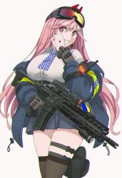 Rule 34 | 1girl, ace (playing card), ace of hearts, assault rifle, black gloves, black thighhighs, blue jacket, blue skirt, breasts, carbine, card, commission, dress shirt, electroshock weapon, eyewear on head, girls&#039; frontline, gloves, goggles, goggles on head, gun, heart, holding, holding card, holding gun, holding weapon, jack (playing card), jack of hearts, jacket, large breasts, less-than-lethal weapon, long hair, long sleeves, looking at viewer, off shoulder, open clothes, open jacket, pink hair, pixiv commission, playing card, pleated skirt, pouch, red eyes, rifle, shirt, sig mcx, sig mcx (girls&#039; frontline), simple background, skirt, smile, solo, tab (tabkun), taser, taser x26, thigh pouch, thighhighs, weapon