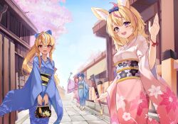 Rule 34 | 4girls, absurdres, alternate costume, animal ear fluff, animal ears, architecture, bag, black hair, blonde hair, blue bow, blue eyes, blue hair, blue kimono, blue sky, bow, breasts, building, cellphone, cherry blossoms, closed eyes, closed mouth, commentary, dark-skinned female, dark skin, day, east asian architecture, elf, facial mark, floral print, folded fan, folding fan, fox ears, fox girl, hair bow, hand fan, hand up, handbag, heart, heart-shaped pupils, high ponytail, highres, holding, holding bag, holding fan, holding stick, hololive, hoshimachi suisei, japanese clothes, kimono, long hair, looking at viewer, medium breasts, medium hair, multicolored hair, multiple girls, obi, okey, omaru polka, open mouth, outdoors, paper fan, phone, pink hair, pink kimono, pointy ears, print kimono, purple eyes, purple kimono, red eyes, sakura miko, sandals, sash, selfie, selfie stick, shiranui flare, side ponytail, sidelocks, sky, small breasts, smartphone, smile, socks, standing, stick, streaked hair, symbol-only commentary, symbol-shaped pupils, taking picture, teeth, upper teeth only, virtual youtuber, waving, white socks, wide sleeves, zouri