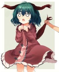 Rule 34 | 1girl, ahoge, animal ears, ar (maeus), blush, border, dog ears, dress, fang, green hair, highres, kasodani kyouko, long sleeves, o o, open mouth, out of frame, pleated dress, short hair, simple background, surprised, tail, tail grab, touhou