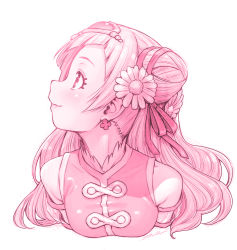 Rule 34 | 10s, 1girl, bare shoulders, blush, closed mouth, cone hair bun, cropped arms, cropped torso, cure yell, earrings, eyelashes, flower, hair bun, hair flower, hair ornament, hair ribbon, heart, hugtto! precure, jewelry, kazuma muramasa, lips, lipstick, long hair, looking to the side, magical girl, makeup, monochrome, nono hana, precure, ribbon, signature, simple background, solo, upper body, white background