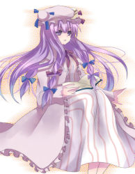 Rule 34 | 1girl, book, dress, expressionless, female focus, hat, holding, holding book, kokoro na, long sleeves, looking afar, mob cap, multi-tied hair, open book, patchouli knowledge, purple dress, purple eyes, purple hair, simple background, sitting, solo, touhou, white background