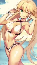 Rule 34 | 1girl, ahoge, artoria caster (fate), artoria caster (swimsuit) (fate), artoria caster (swimsuit) (first ascension) (fate), artoria pendragon (fate), bare shoulders, beach, bikini, blonde hair, blue sky, blush, breasts, cleavage, collarbone, double v, dynamitenatalia, fate/grand order, fate (series), green eyes, highres, long hair, looking at viewer, medium breasts, navel, one eye closed, shore, sky, smile, solo, swimsuit, thighs, tongue, tongue out, twintails, v, white bikini