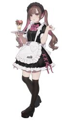 Rule 34 | 1girl, absurdres, alternate costume, apron, barcode, black dress, black footwear, black thighhighs, blunt bangs, bow, brown hair, colored inner hair, cropped legs, cross-laced clothes, cross-laced dress, dress, enmaided, food, frilled apron, frilled dress, frills, hamunezuko (nezukonezu32), heart, highres, holding, holding tray, ice cream, kneehighs, looking at viewer, maid, maid apron, maid headdress, mixed-language commentary, multicolored hair, original, over-kneehighs, parted bangs, parted lips, pink bow, pink eyes, pink hair, pink nails, sidelocks, simple background, socks, solo, standing, sundae, thighhighs, tray, twintails, two-tone hair, white apron, white background