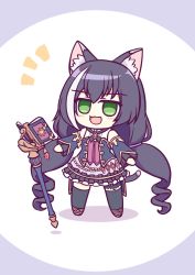 Rule 34 | 1girl, :3, :d, animal ear fluff, animal ears, black hair, black thighhighs, book, cat ears, cat tail, chibi, commentary request, detached sleeves, drill hair, eyes visible through hair, frilled skirt, frills, full body, green eyes, hair between eyes, highres, karyl (princess connect!), kashimu, long hair, looking at viewer, multicolored hair, open mouth, princess connect!, sidelocks, simple background, skirt, smile, solo, staff, streaked hair, tail, thighhighs, twin drills, twintails, two-tone hair, zettai ryouiki