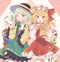Rule 34 | 2girls, :o, ;q, apollo chocolate, aqua hair, arms up, ascot, black headwear, blonde hair, blueberry, cake, cake slice, candy, checkerboard cookie, chocolate, chocolate cake, chocolate heart, cookie, cowboy shot, diagonal stripes, eyebrows hidden by hair, fingernails, flandre scarlet, food, frilled skirt, frilled sleeves, frills, fruit, green eyes, green skirt, hat, hat ribbon, heart, holding, holding candy, holding chocolate, holding food, holding spoon, komeiji koishi, long sleeves, looking at viewer, macaron, mob cap, mozukuzu (manukedori), multiple girls, one eye closed, one side up, petticoat, red eyes, red vest, ribbon, shirt, short hair, side-by-side, skirt, spoon, standing, strawberry, striped, striped background, swept bangs, third eye, tongue, tongue out, touhou, two-tone background, vest, wafer stick, white headwear, white shirt, wings, yellow ascot, yellow shirt