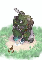 Rule 34 | artist name, blue eyes, dog, hand on own knee, highres, hound (transformers), jeulove-sma11-white, kneeling, looking down, mecha, no humans, open hand, open mouth, robot, solo focus, transformers