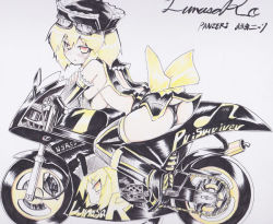 Rule 34 | 1girl, alternate costume, ass, bare shoulders, black thighhighs, blonde hair, boots, breasts, elbow gloves, female focus, full body, gloves, goggles, goggles on head, gradient background, hat, large breasts, leaning forward, lunasa prismriver, motor vehicle, motorcycle, okiraku nikku, orange eyes, pale color, short hair, sideboob, sketch, solo, thighhighs, touhou, traditional media, vehicle
