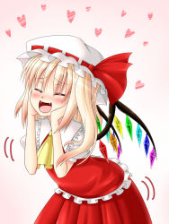 Rule 34 | 1girl, ascot, blonde hair, blush, dotera, closed eyes, fangs, female focus, flandre scarlet, hanazome dotera, hands on own face, hat, hat ribbon, heart, ribbon, side ponytail, smile, solo, touhou, wings