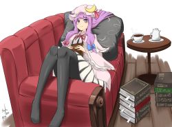 Rule 34 | 1girl, black pantyhose, book, couch, crescent, cup, cushion, dress, female focus, hat, long hair, lying, pantyhose, patchouli knowledge, purple eyes, purple hair, red upholstery, saboten (tokisabo), solo, table, teacup, teapot, touhou