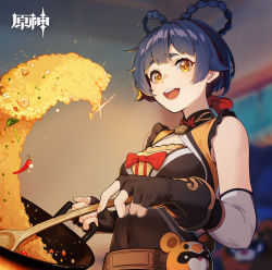 Rule 34 | 1girl, absurdres, artist request, black gloves, blue hair, blurry, blurry background, blush, breasts, commentary, cooking, covered navel, english commentary, fingerless gloves, food, fried rice, genshin impact, gloves, guoba (genshin impact), hair rings, highres, holding, holding spoon, looking at viewer, meme, open mouth, orange eyes, fried rice prank (meme), short hair, small breasts, solo focus, spoon, upper body, wok, xiangling (genshin impact)